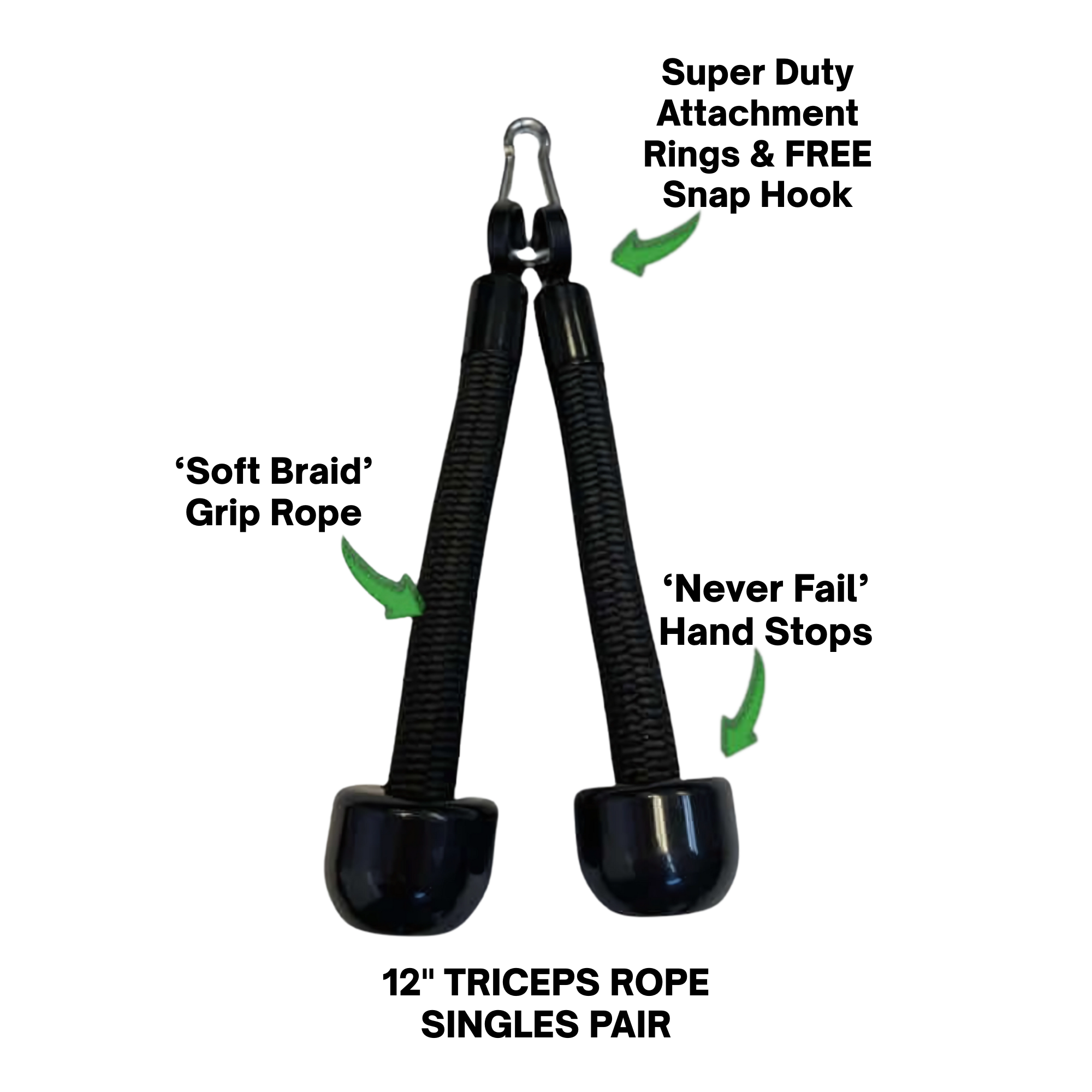 The TRICEP ROPE EXTREME 'Convertible' Rope for Triceps Yoke features durable black handles and a sturdy joint, highlighted with green arrows; perfect for tricep extensions and built with commercial-grade quality.