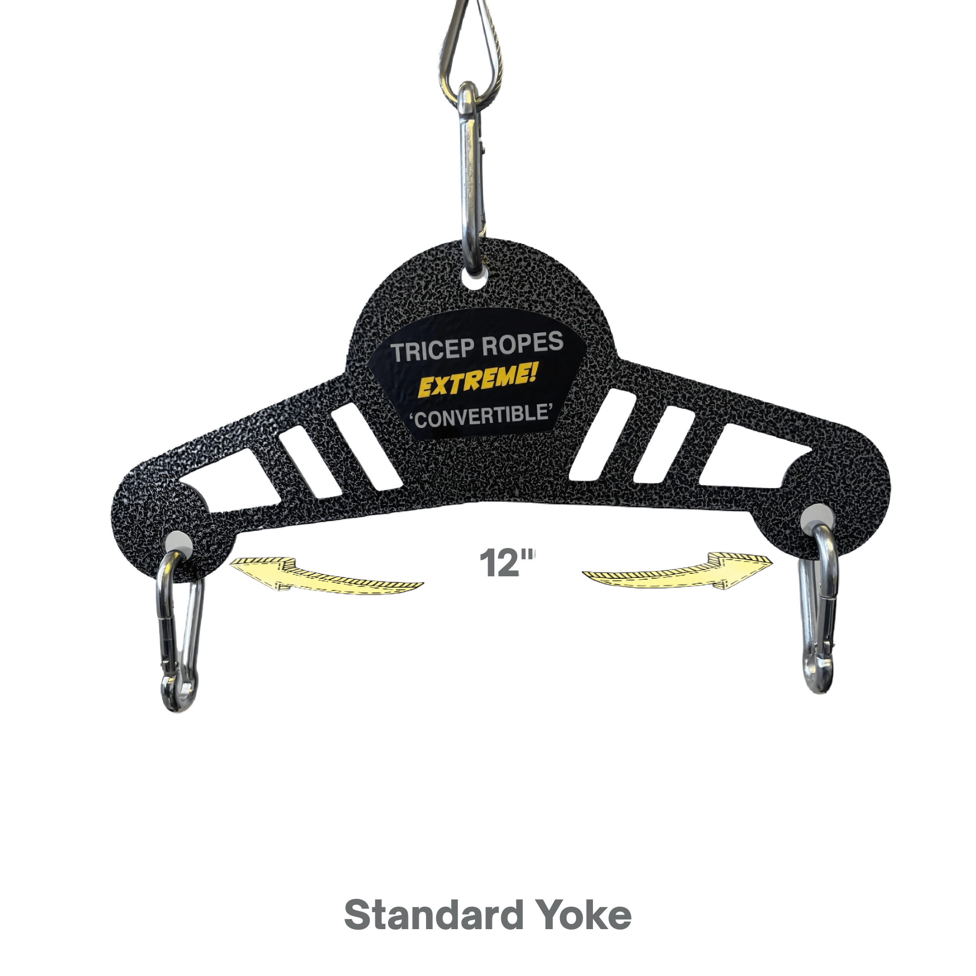 The TRICEP ROPE EXTREME 'Convertible' Rope for Triceps Yoke features carabiners and yellow arrow details. Labeled "Standard Yoke," it’s built for intense tricep extensions and is perfect for commercial-grade workouts.