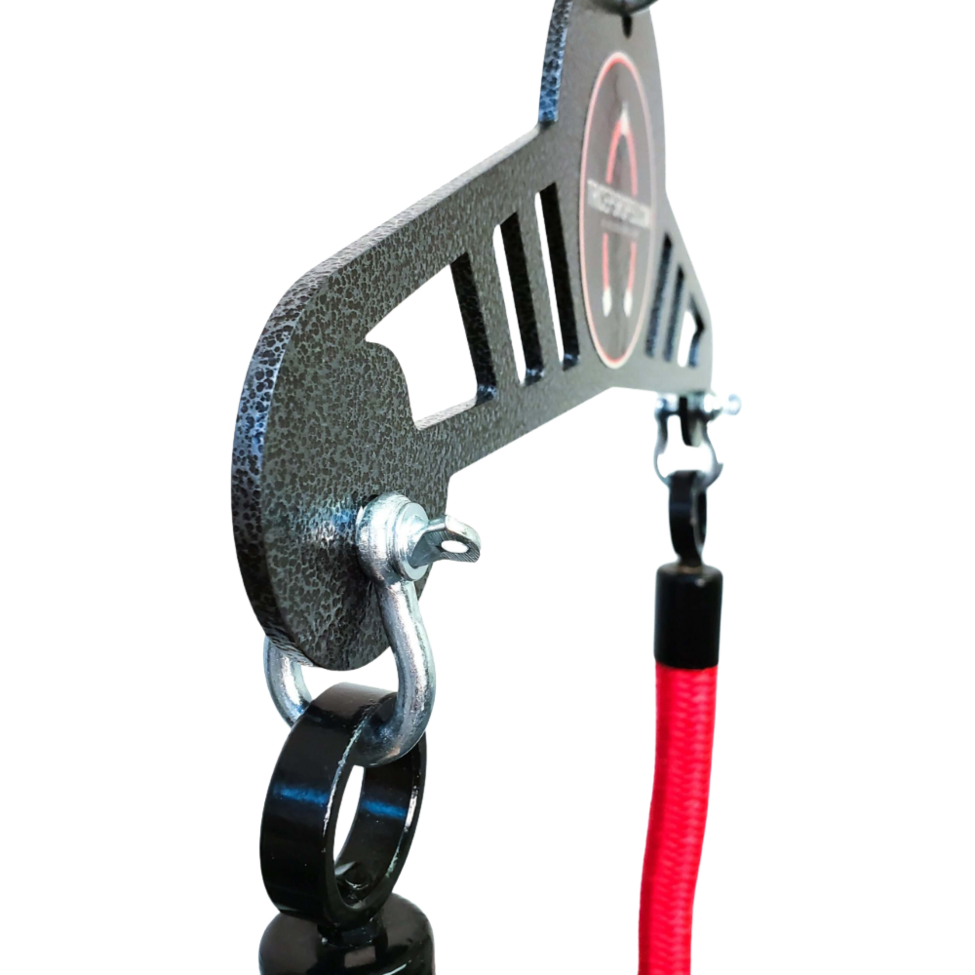 Close-up of a black metal bracket with red cord and hardware, part of the TRICEP ROPE EXTREME 'Convertible' Rope for Triceps Yoke, ideal for commercial-grade fitness equipment.