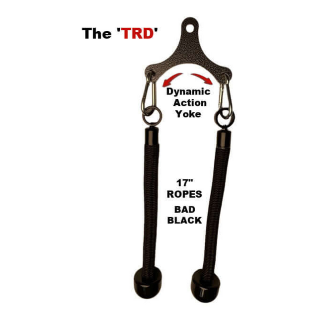 The Tricep Rope Dynamic TRD Cable Attachments for Gym Yoke features two black ropes and a handle designed for optimal triceps activation, offering dynamic instability to enhance muscle engagement.