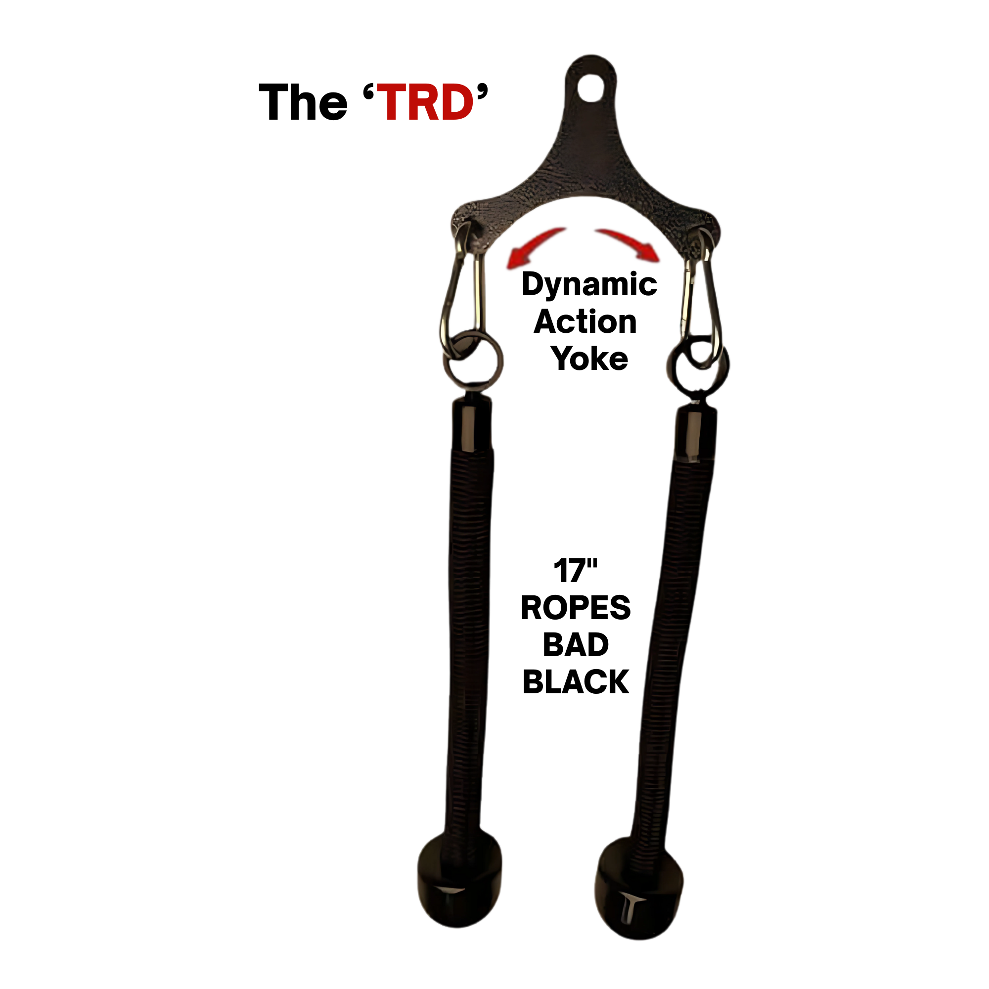 The Tricep Rope Dynamic TRD Cable Attachments for Gym Yoke features two elastic straps for dynamic instability and muscle activation, with clips and "TRD" in red text above the item.