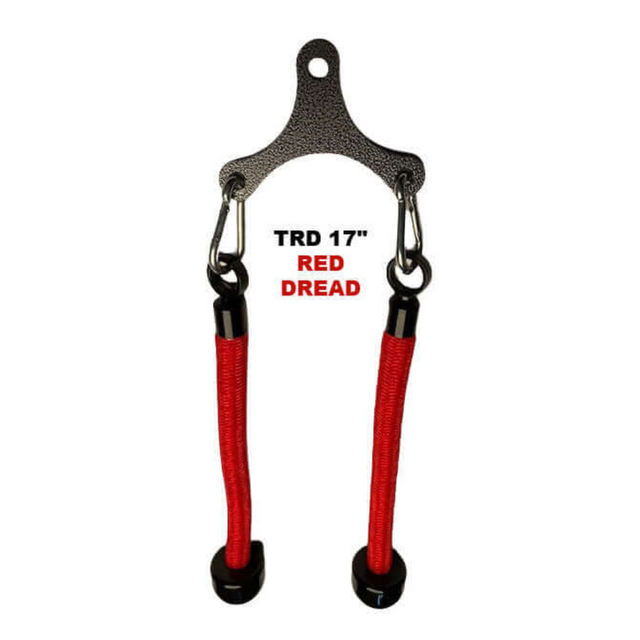 The Tricep Rope Dynamic TRD Cable Attachments for Gym Yoke, featuring metal connectors and handles against a white backdrop, enhances muscle activation and addresses dynamic instability.