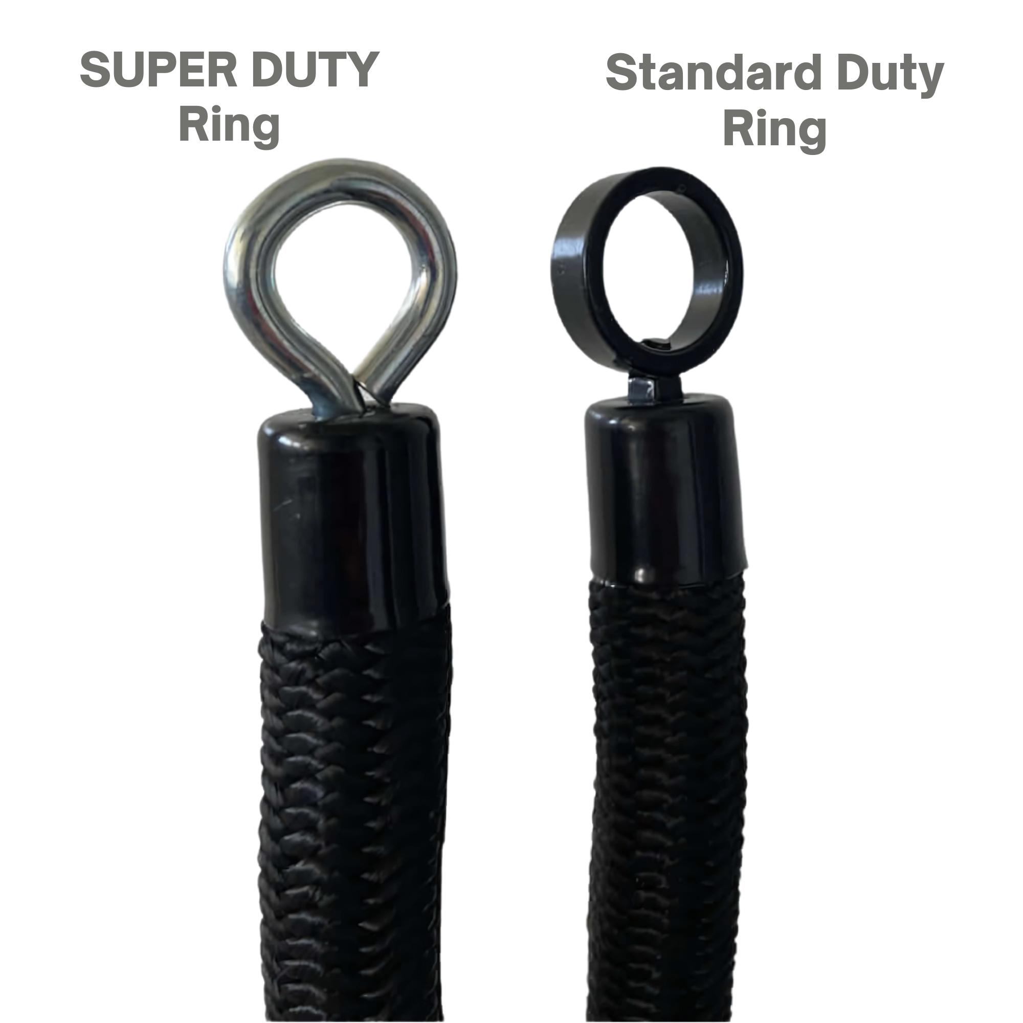 Tricep Rope Dynamic TRD Cable Attachments for Gym Yoke: two black braided ropes with "SUPER DUTY Ring" and "Standard Duty Ring" metal loops, designed to boost muscle activation during workouts.
