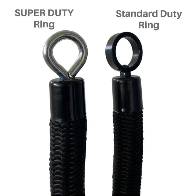 Close-up of two Tricep Rope Dynamic TRD Cable Attachments: left with a metal loop labeled "SUPER DUTY" for enhanced muscle activation, right with a plastic loop labeled "Standard Duty.