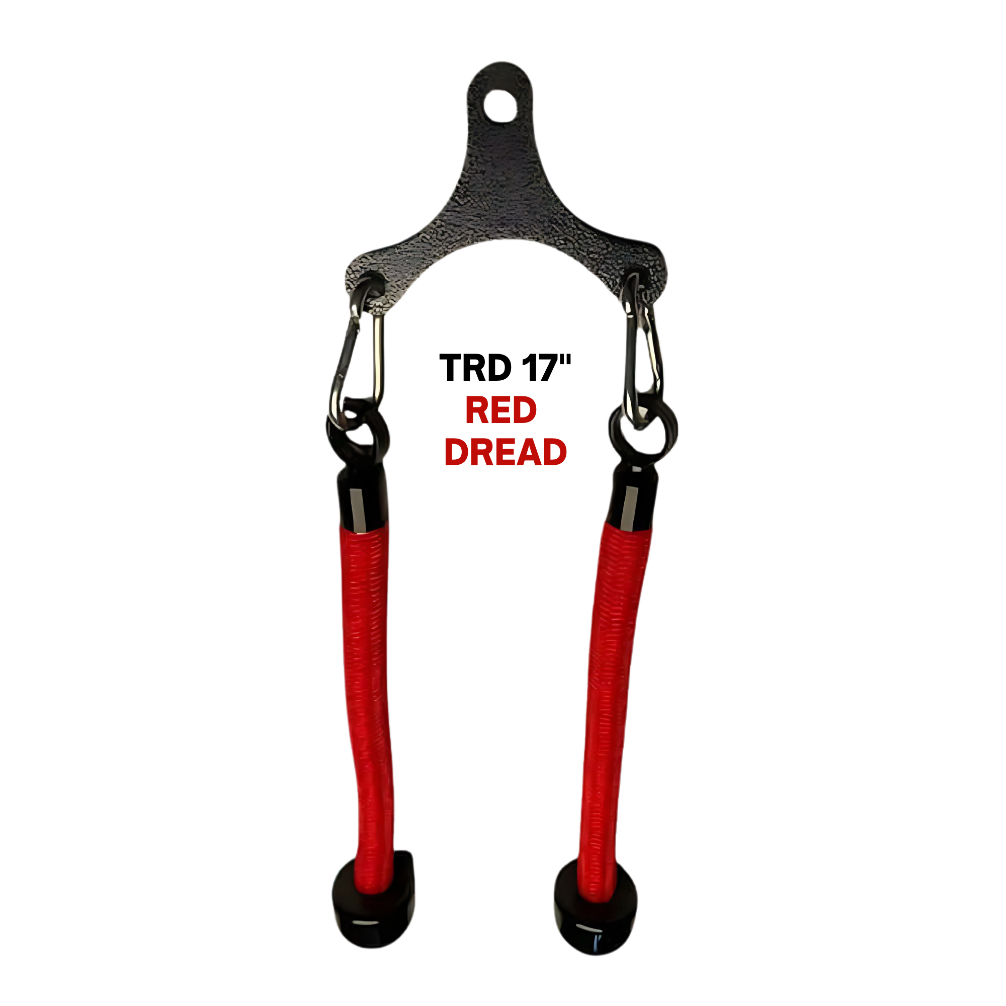 The Tricep Rope Dynamic TRD Cable Attachments for Gym Yoke is a black metal bracket with two red cable loops labeled "RED DREAD," designed to optimize muscle activation during workouts.
