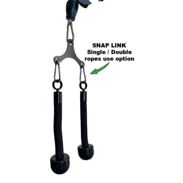 The Tricep Rope Dynamic TRD Cable Attachments for Gym Yoke features snap links with double ropes and handles, designed for exercise and fitness training. It enhances muscle activation through dynamic instability, offering an effective workout on a white background.