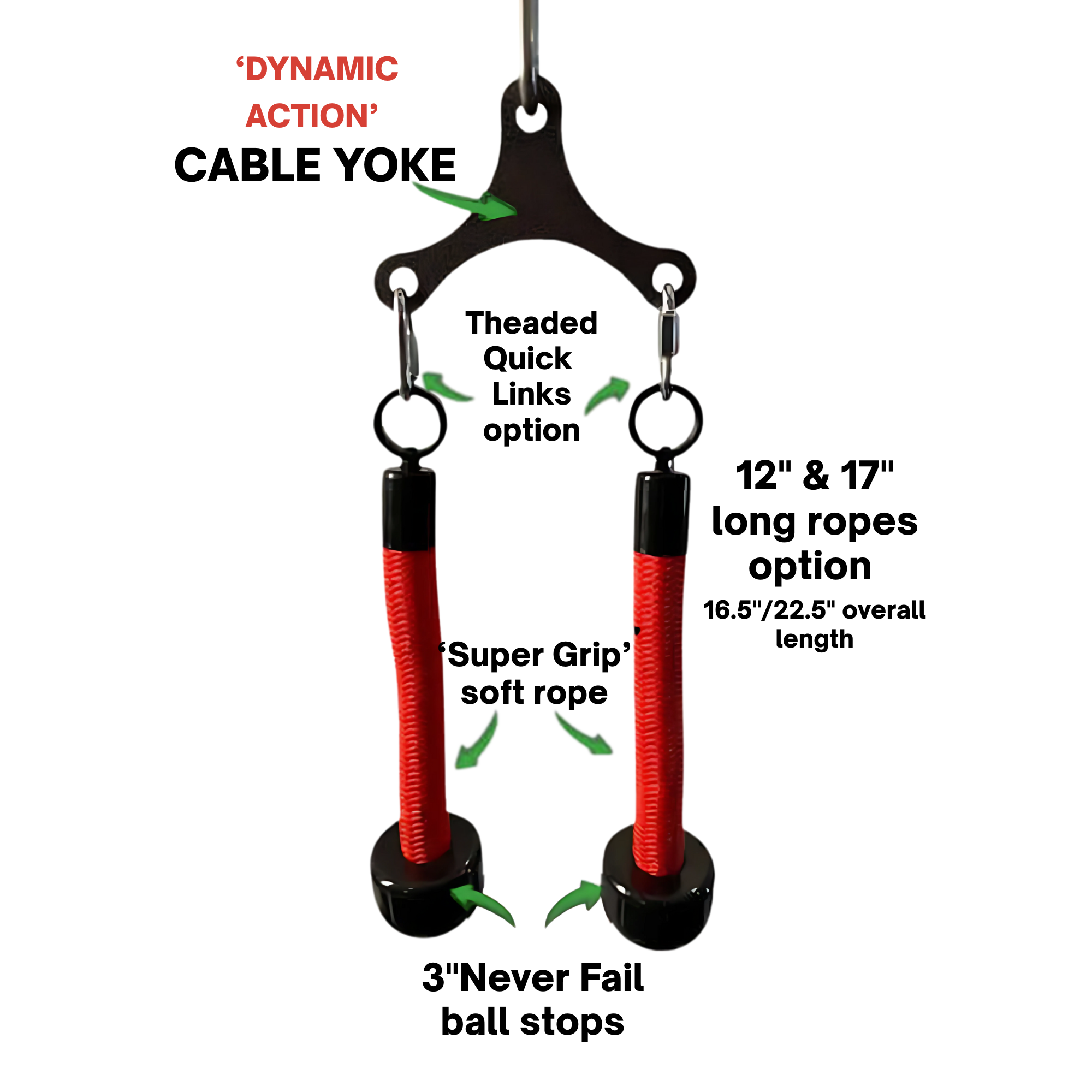 The Tricep Rope Dynamic TRD Cable Attachments for Gym Yoke feature two red flexible stirrups hanging from a metal bracket with green arrows and “DYNAMIC ACTION,” highlighting instability and greater muscle activation in workouts.