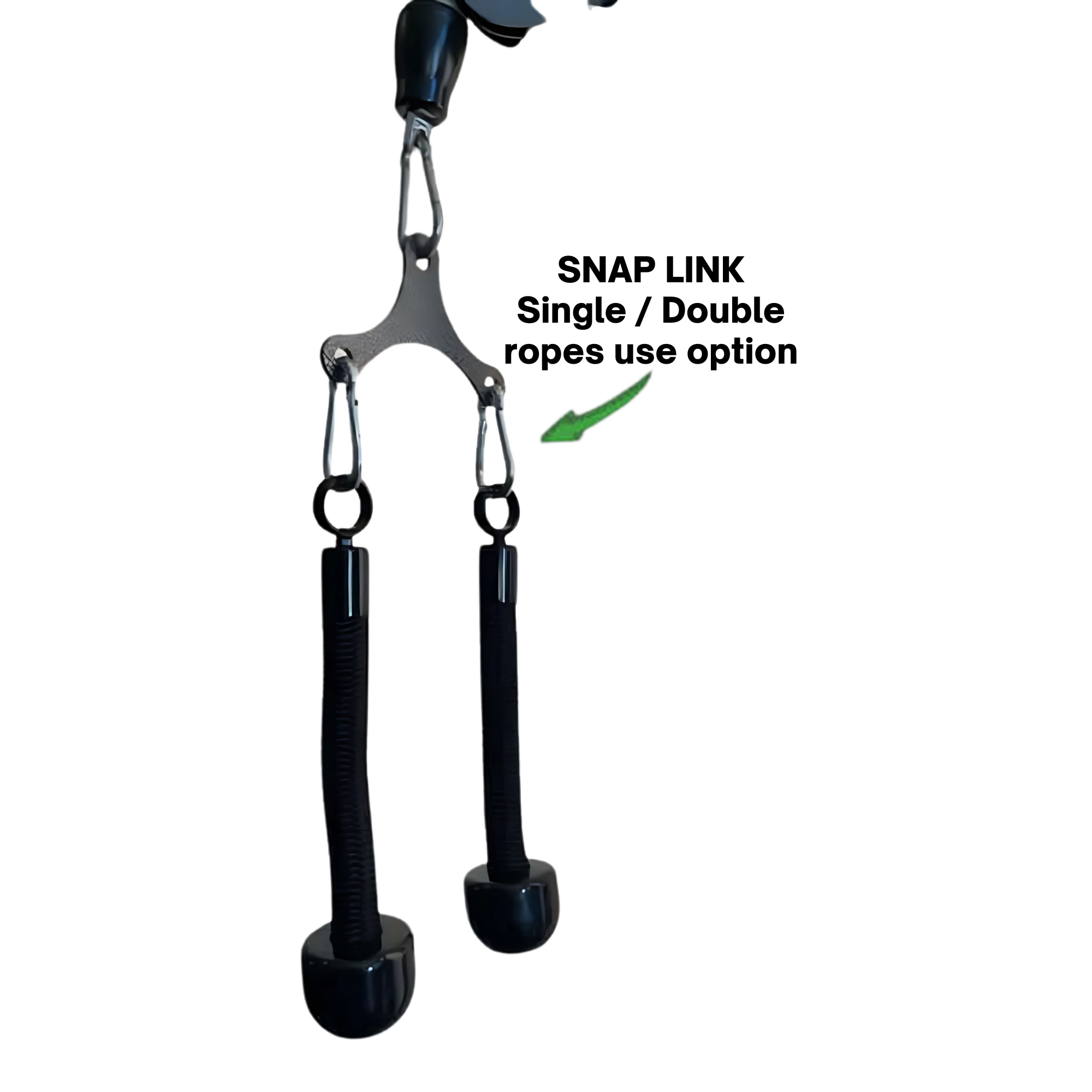 The Tricep Rope Dynamic TRD Cable Attachments for Gym Yoke features two black handles joined by carabiners; a green arrow highlights one clip, emphasizing muscle activation during workouts.