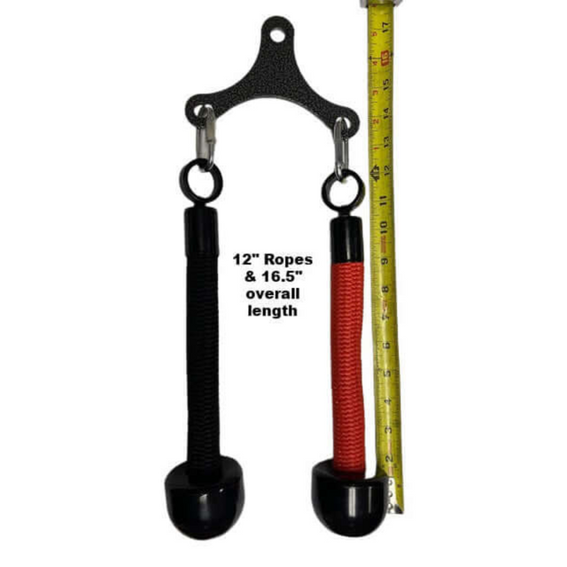The Tricep Rope Dynamic TRD Cable Attachments for Gym Yoke includes two black and red rope pulleys, attached to a hanger for triceps exercises, each measuring 16.5 inches using a tape measure.