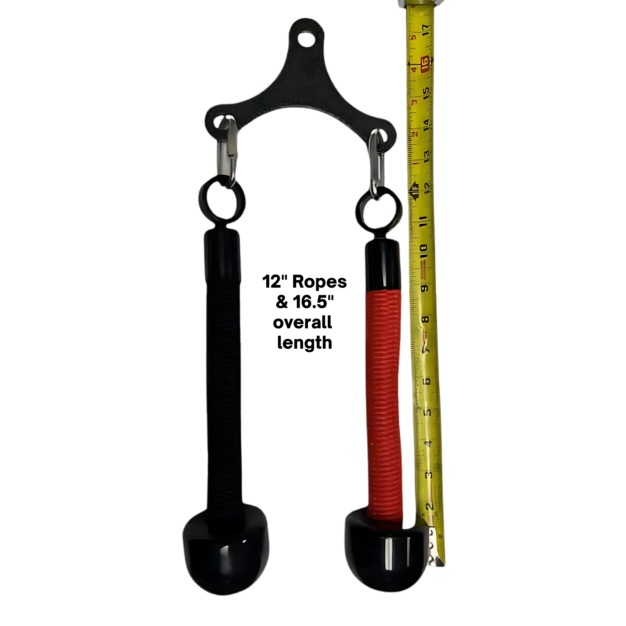 The Tricep Rope Dynamic TRD Cable Attachments for Gym Yoke include black and red grip handles hanging from a metal bracket beside a yellow measuring tape, perfect for tricep exercises and muscle activation.