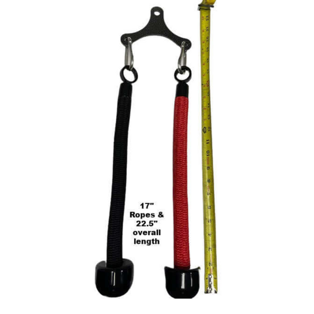 The Tricep Rope Dynamic TRD Cable Attachments for Gym Yoke, in black and red, are designed for optimal muscle activation with 17" ropes and a total length of 22.5", ideal for precise sizing next to a measuring tape.
