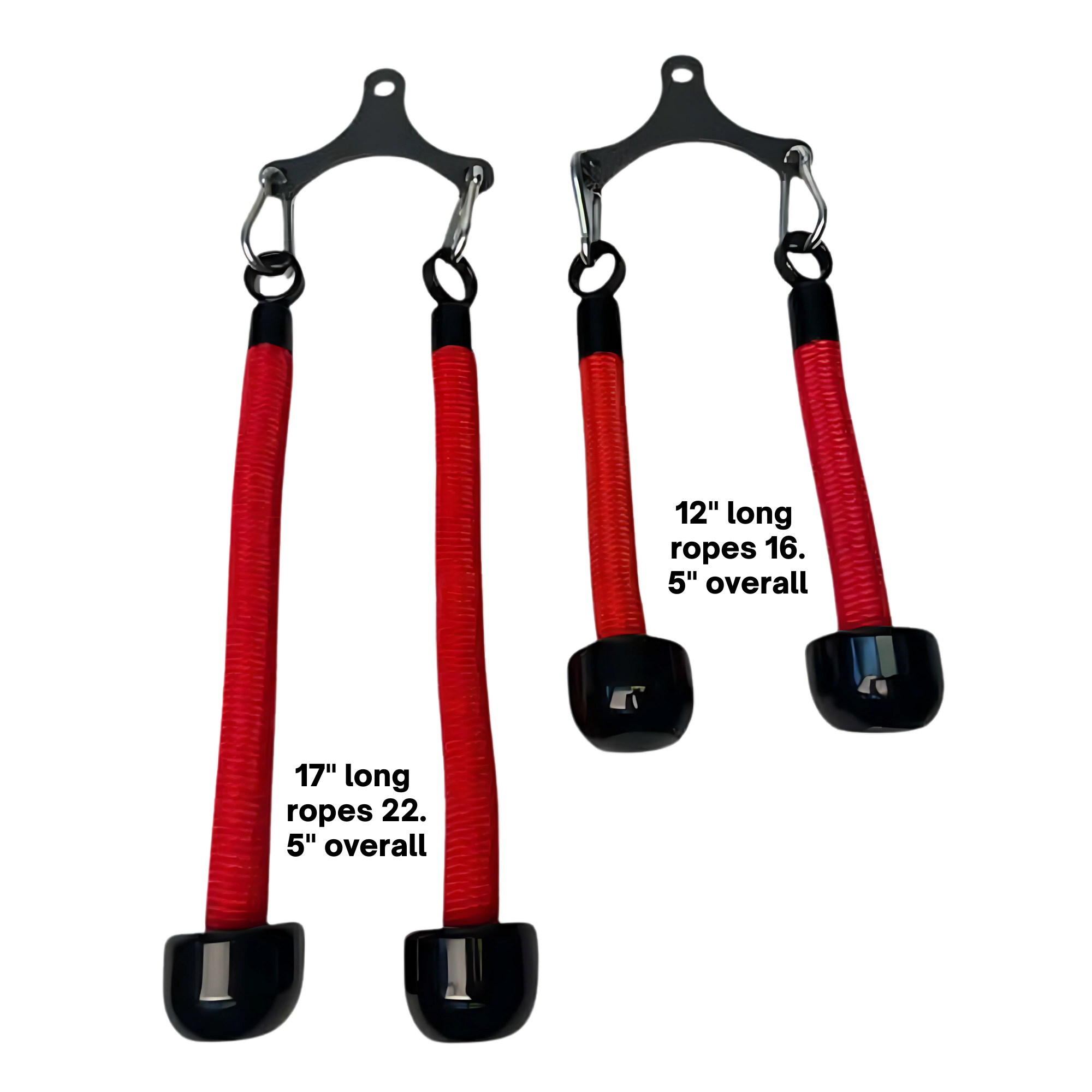 Two red and black Tricep Rope Dynamic TRD Cable Attachments for Gym Yoke, featuring metal hooks, designed to enhance muscle activation and improve workout stability.
