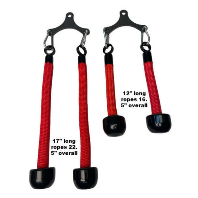Two Tricep Rope Dynamic TRD cable attachments for gym yoke, featuring 12" and 17" ropes in red and black, enhance muscle activation during training.