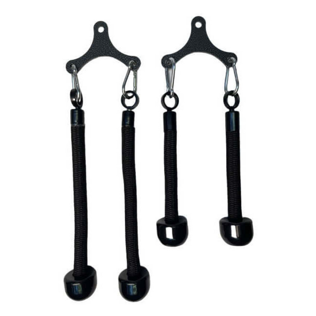 The Tricep Rope Dynamic TRD Cable Attachments for Gym Yoke, available in black and silver, feature handles designed to enhance muscle activation during workouts.