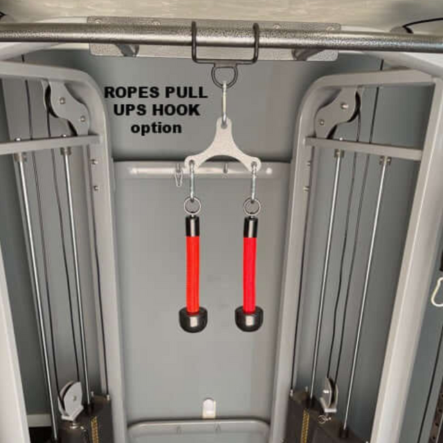 The Tricep Rope Dynamic TRD Cable Attachments for Gym Yoke includes two red-handled cable attachments labeled "ROPES PULL UPS HOOK," designed to enhance muscle activation.