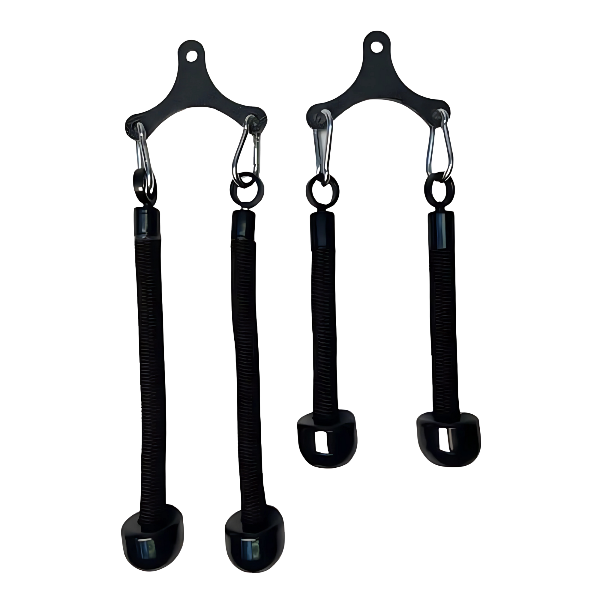 The Tricep Rope Dynamic TRD Cable Attachments for Gym Yoke are black hanging stirrups with metal hooks, designed to enhance muscle activation during workouts or physical therapy sessions.