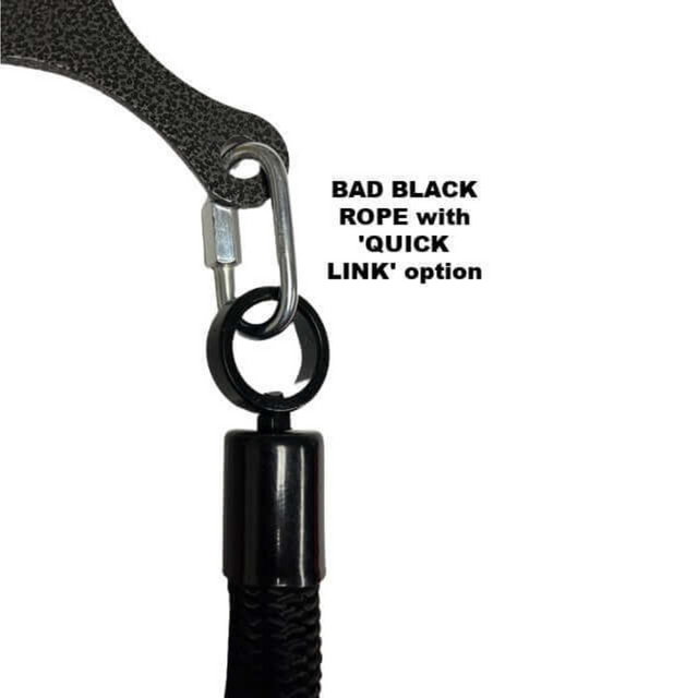 Close-up of a textured bracket with clasp, black rope, and text: "Tricep Rope Dynamic TRD Cable Attachments for enhanced muscle activation using the 'QUICK LINK' option.