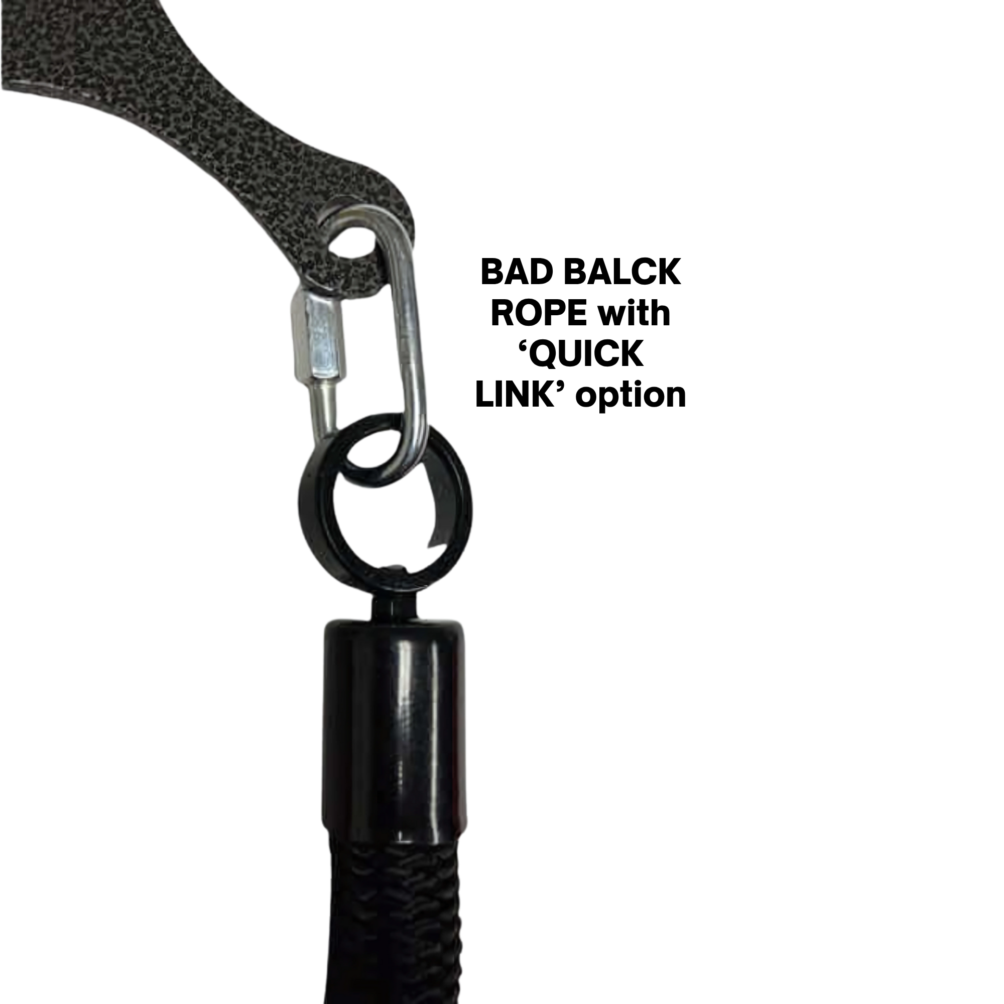 Close-up of a metal clip on a black cord and textured bracket, part of the Tricep Rope Dynamic TRD Cable Attachments for Gym Yoke, designed to enhance muscle activation during workouts.