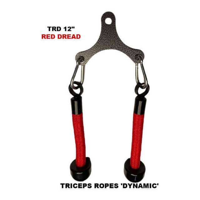 The TRD 12-inch red DREAD triceps rope attachment, labeled "Tricep Rope Dynamic," is designed for optimal muscle activation.