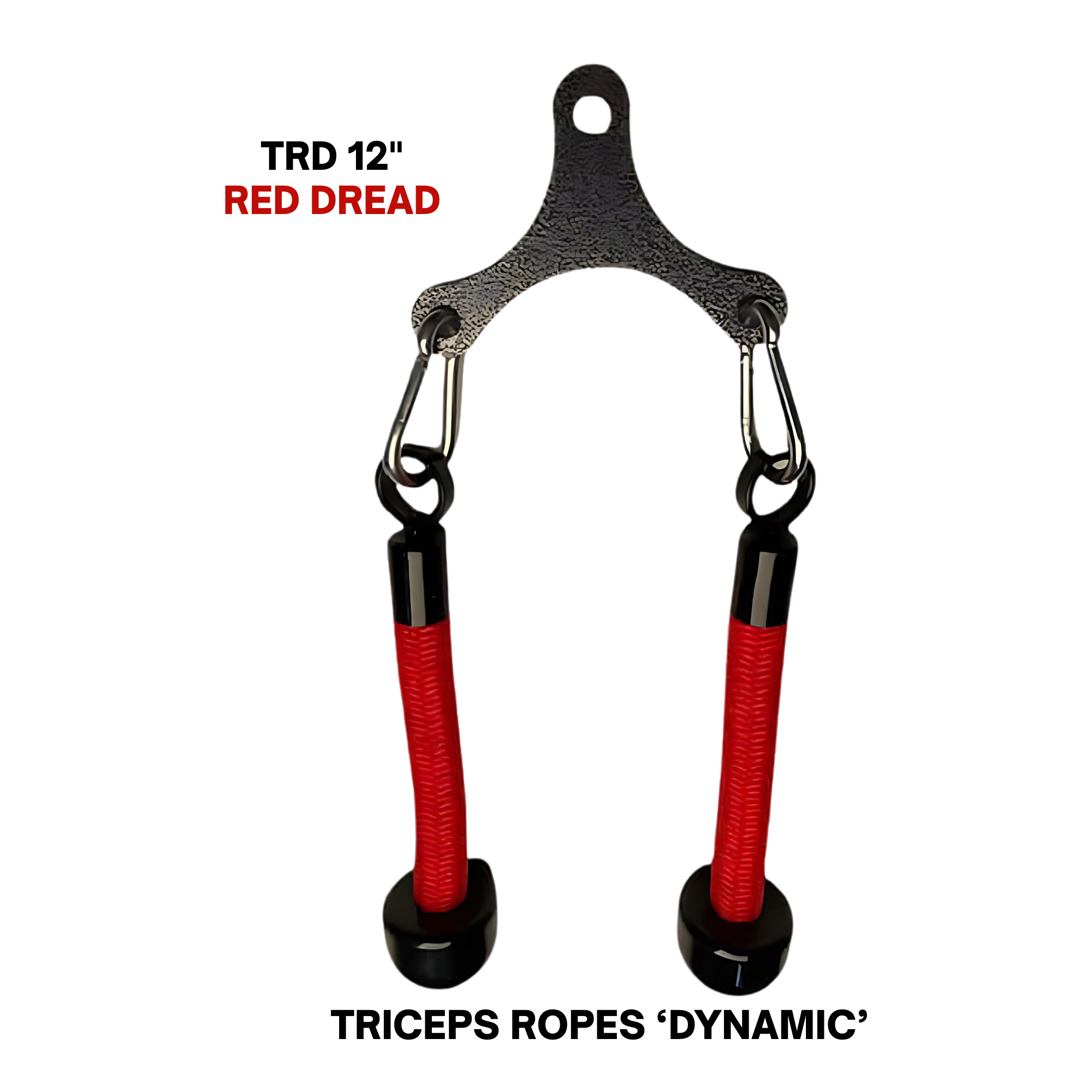 The Tricep Rope Dynamic TRD Cable Attachment for Gym Yoke is a black metal piece with two red-handled grips labeled "RED DREAD," built for dynamic instability and greater muscle activation during workouts.