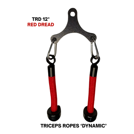 The Tricep Rope Dynamic TRD Cable Attachment for Gym Yoke is a black metal piece with two red-handled grips labeled "RED DREAD," built for dynamic instability and greater muscle activation during workouts.