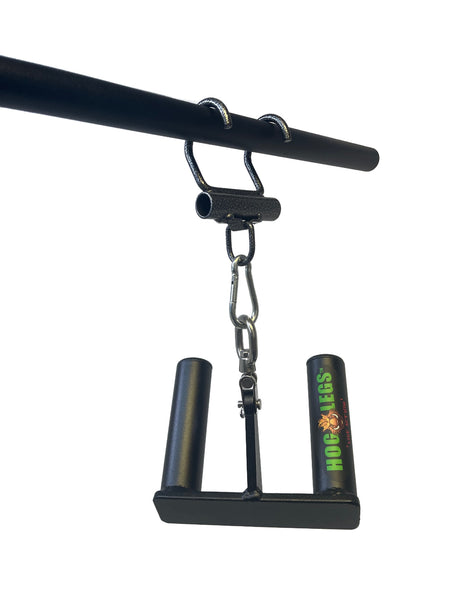 The HOG LEGS Pull Up Hooks for Exercise Cable Attachments are black metal hooks with two vertical grips labeled "HOOKERS," designed to hang from a horizontal bar and enhance grip strength during workouts.