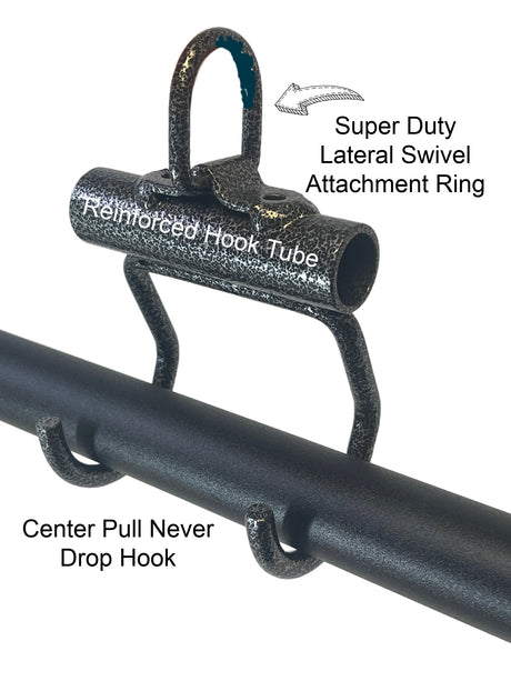Close-up of the HOG LEGS Pull Up Handles Hook, a metal hook tube with a labeled attachment ring and center pull never drop hook—an ideal Fat Grip training accessory for your pull-up bar.