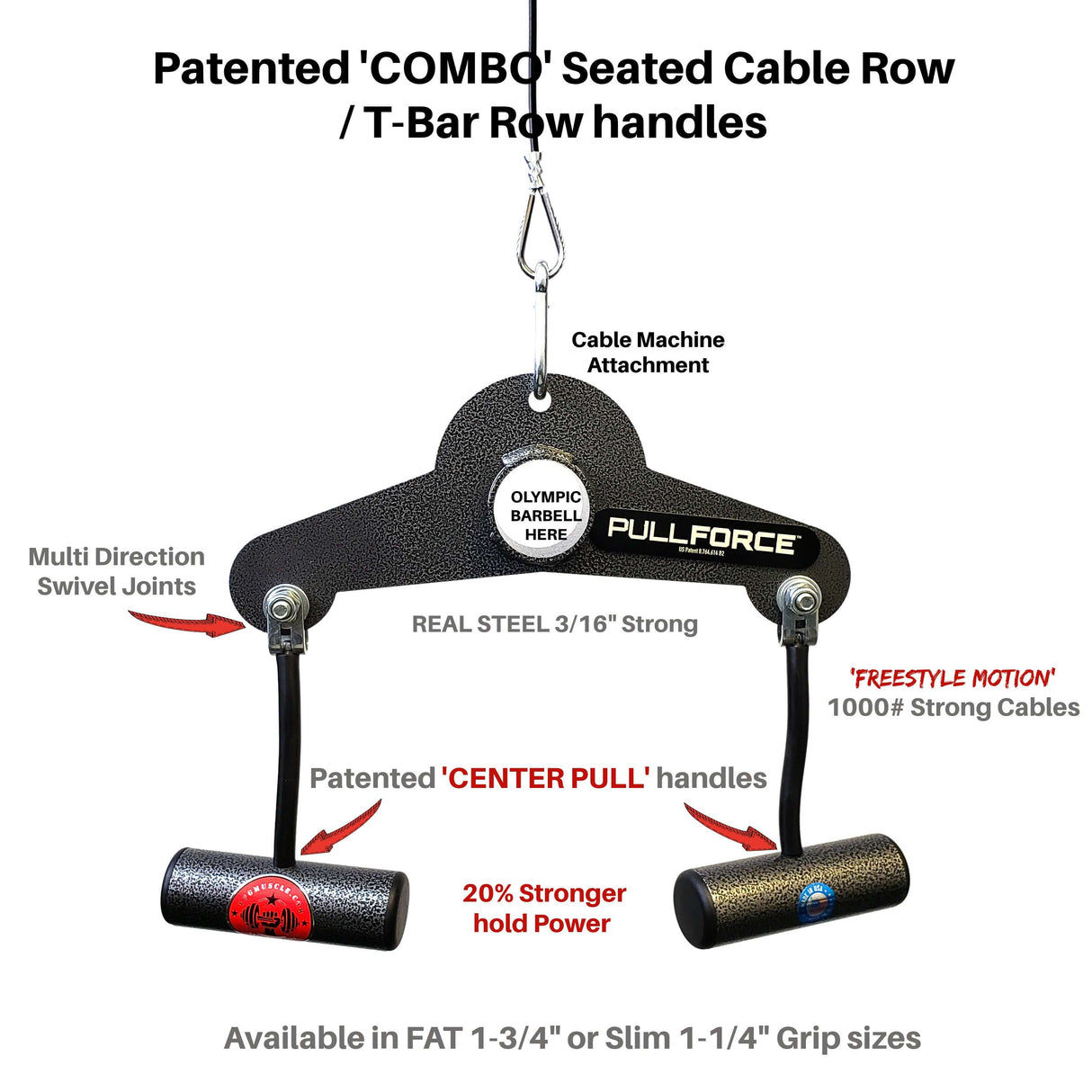 PULL FORCE 'Combo' T-Bar Row & Cable Row Handles with Patented 'Freestyle Motion' Cable suspension!